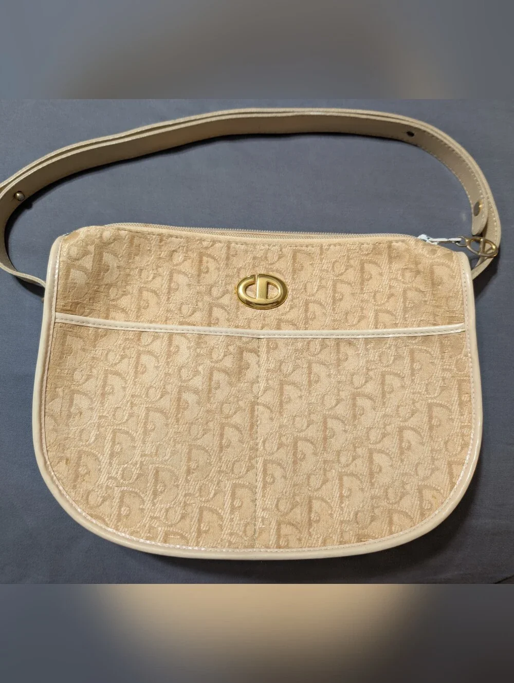 Vintage Christian Dior Trotter Oblique Beige Shoulder Bag Gold CD Logo France